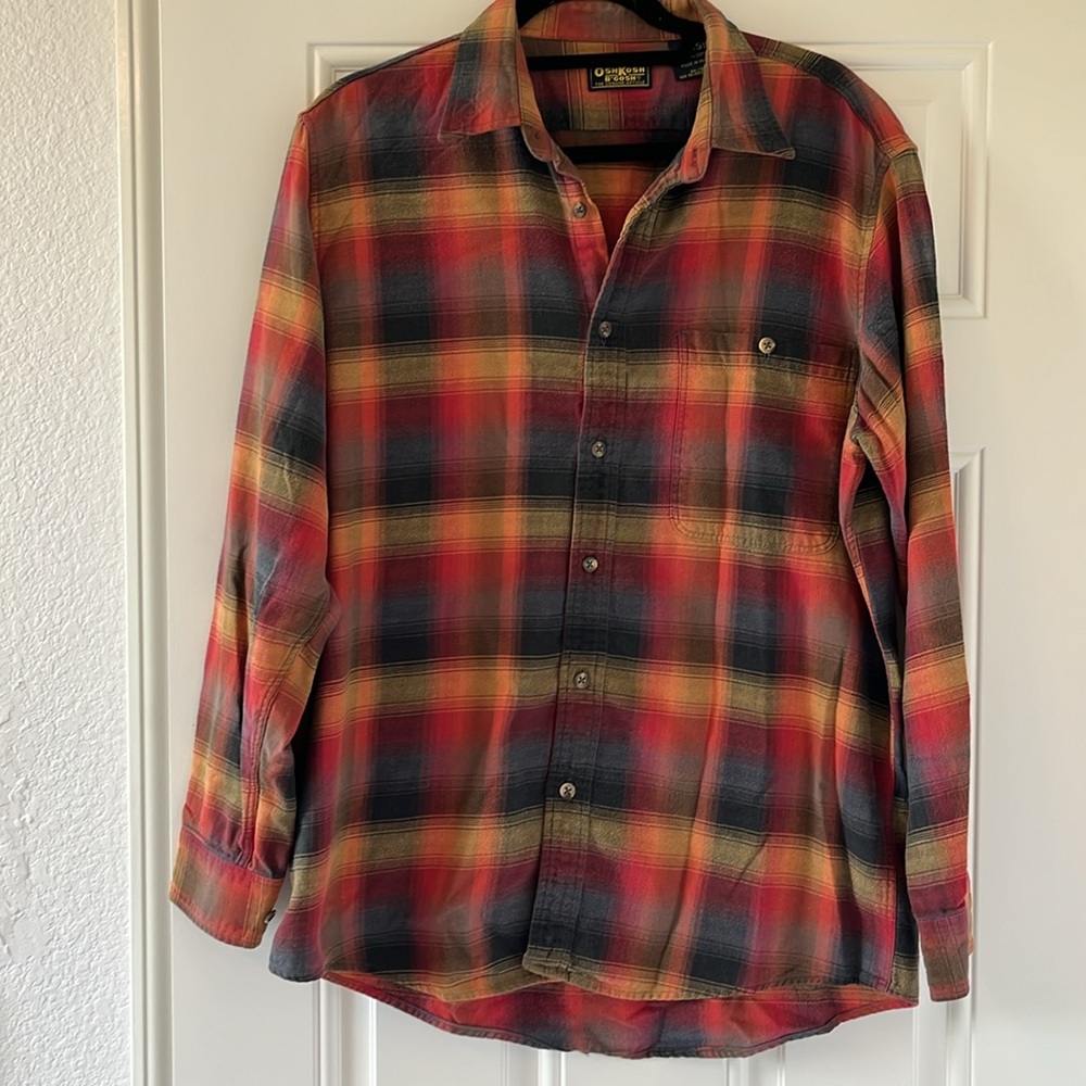 Vintage Oshkosh Flannel Plaid Single Pocket Button Up Cotton Shirt Large